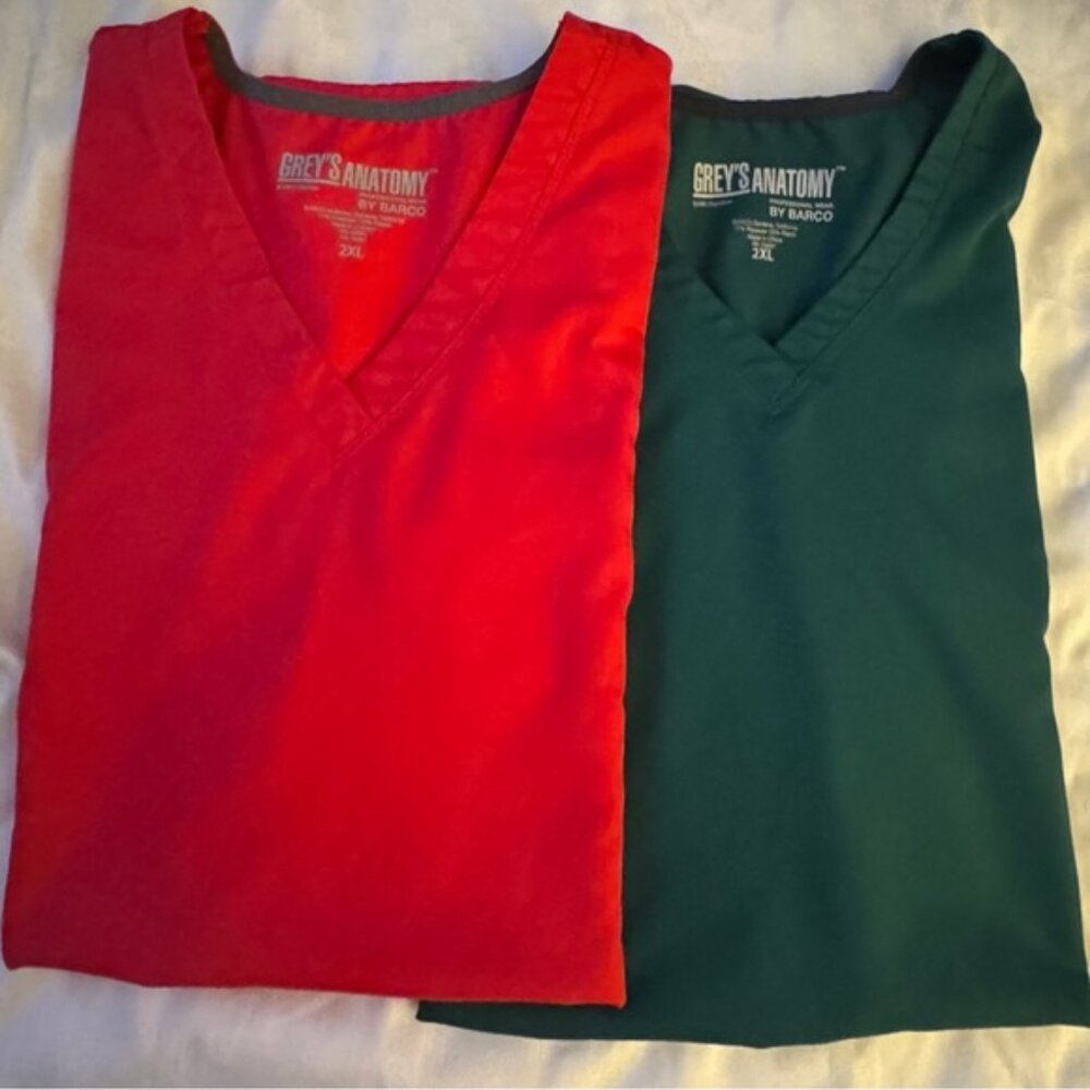 2 Grey's Anatomy Women’s 2XL Scrub Tops - True Red and Emerald Green